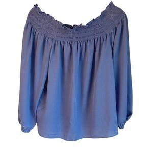 Ann Taylor Blouse Blue Smocked Off-Shoulder Large Petite